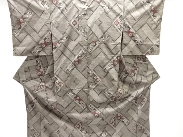 JAPANESE KIMONO / SILK / DORO OSHIMA TSUMUGI / WOVEN GEOMETRIC & FLOWERS